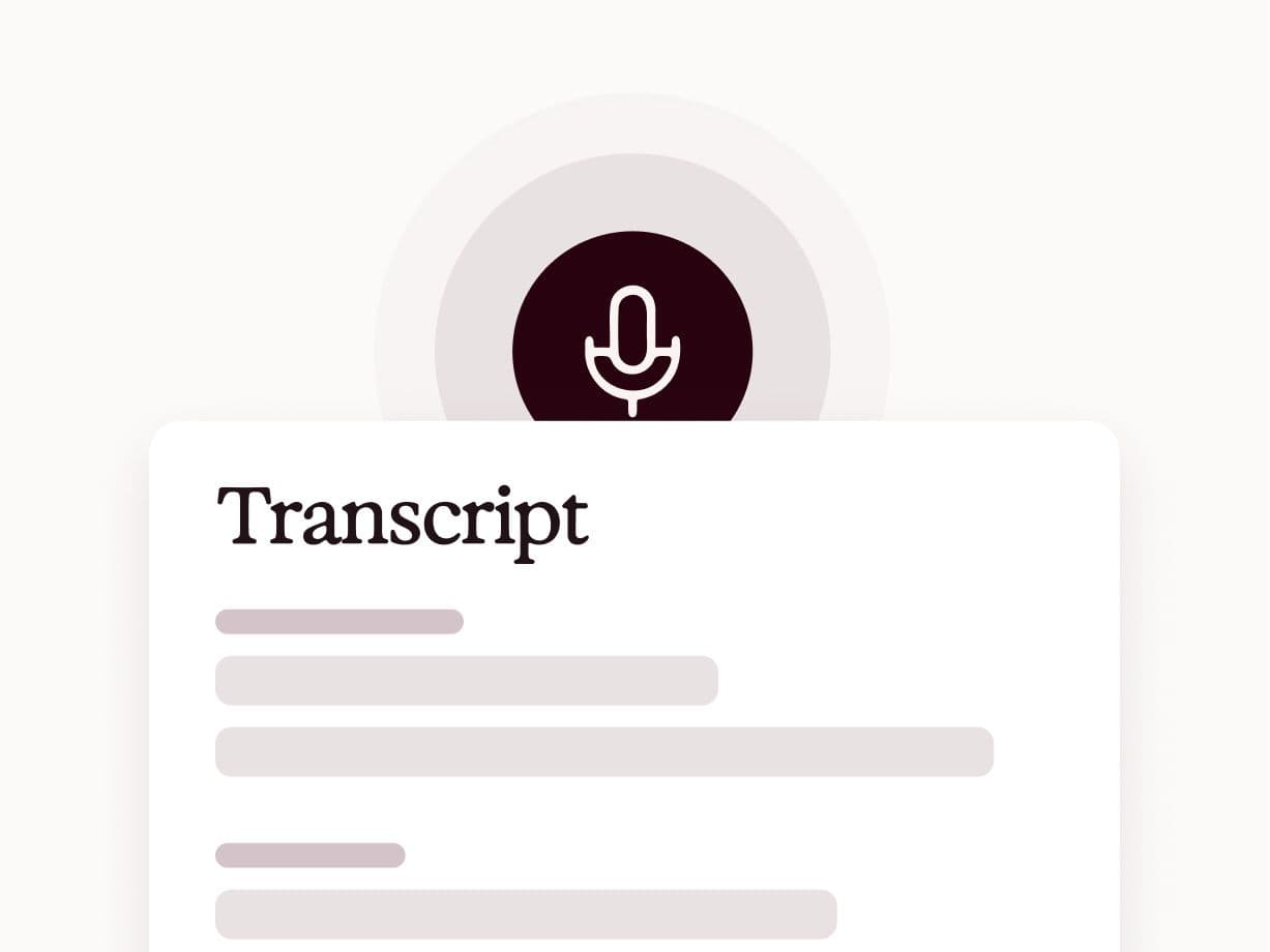 Microphone icon with active audio signal above a document titled 'Transcript'.